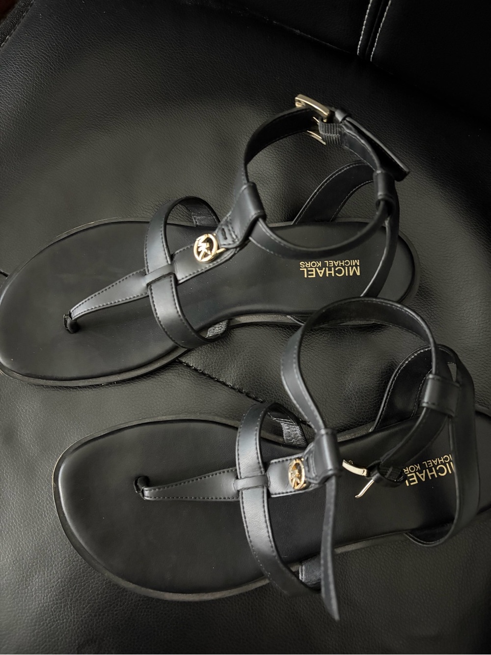 Michael Kors Black Leather T-Strap Sandals with Gold Logo